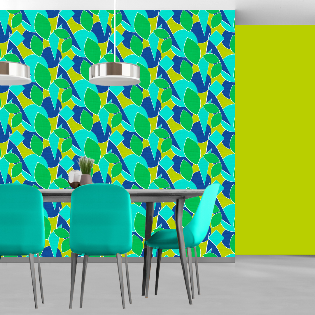 An abstract composition featuring irregular, rounded shapes in vibrant colors. The main colors include bright green, lime green, turquoise, and dark blue, all separated by white, jagged outlines. The shapes overlap and intersect dynamically, forming an energetic and playful pattern. The overall texture has a fabric-like appearance with subtle horizontal and vertical lines running through the colors.
